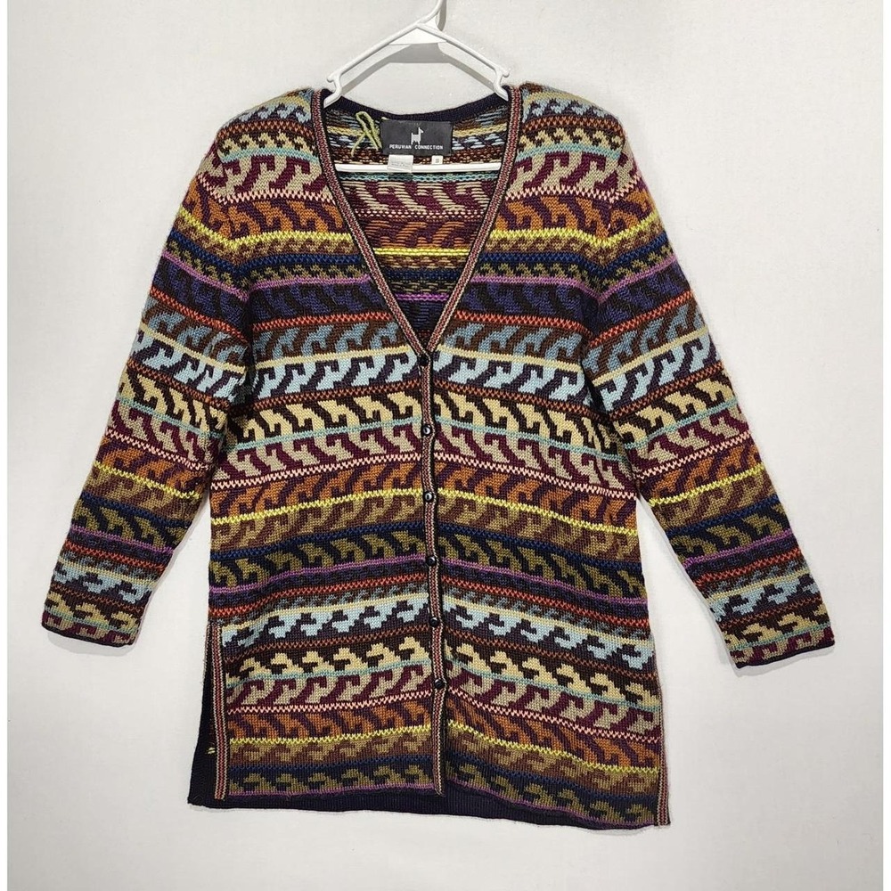 Peruvian Connection Women's Size S Multicolor Geometric Knit Cardigan Sweater